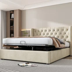 Lit coffre 160x200 cm - Lit double avec sommier à lattes et coffre hydraulique - Velours - Sans Matelas - Beige