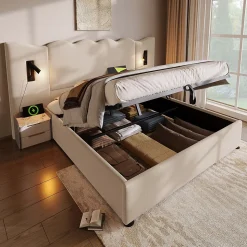 Lit Coffre 180x200 cm - Lit Double Capitonné avec Lampe de Lecture et Charge USB Type-C - Lin Beige - Sans Matelas