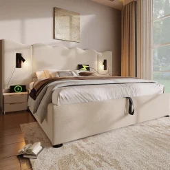 Lit Coffre 180x200 cm - Lit Double Capitonné avec Lampe de Lecture et Charge USB Type-C - Lin Beige - Sans Matelas