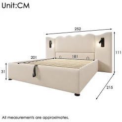 Lit Coffre 180x200 cm - Lit Double Capitonné avec Lampe de Lecture et Charge USB Type-C - Lin Beige - Sans Matelas