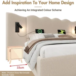 Lit Coffre 180x200 cm - Lit Double Capitonné avec Lampe de Lecture et Charge USB Type-C - Lin Beige - Sans Matelas