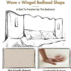 Lit Coffre 180x200 cm - Lit Double Capitonné avec Lampe de Lecture et Charge USB Type-C - Lin Beige - Sans Matelas