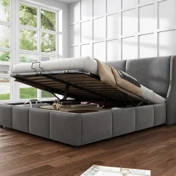 Lit coffre 140x200 cm - Lit double capitonné avec tête de lit oreille - Velours - Sans Matelas - Gris