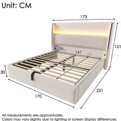 Lit Coffre 160x200 cm - Lit Double avec Sommier Relevable et Rangement - Ports USB Type-C - Tissu Lin Beige - Sans Matelas