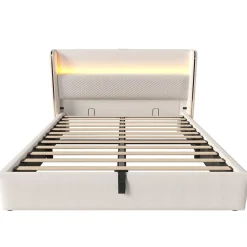 Lit Coffre 160x200 cm - Lit Double avec Sommier Relevable et Rangement - Ports USB Type-C - Tissu Lin Beige - Sans Matelas