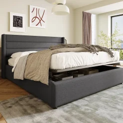 Lit coffre 160x200 cm - Lit double rembourré Gris avec sommier à lattes - Lin - Sans Matelas