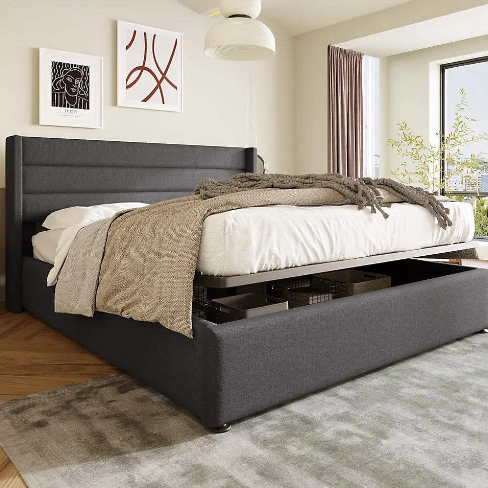 Lit coffre 160x200 cm - Lit double rembourré Gris avec sommier à lattes - Lin - Sans Matelas