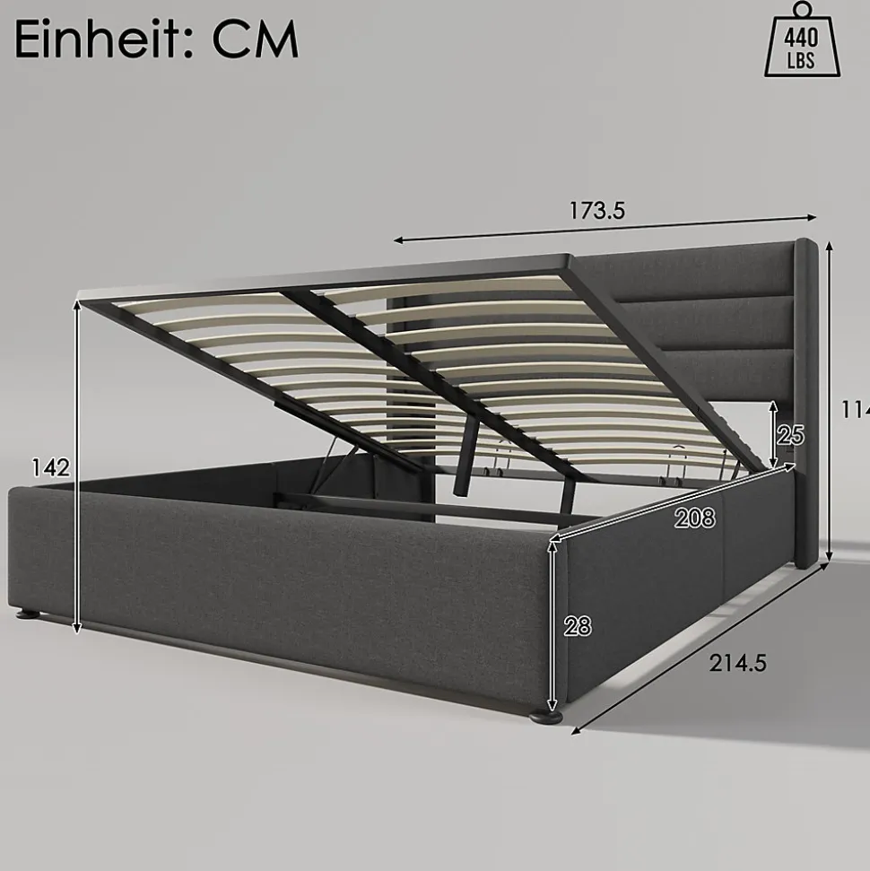 Lit coffre 160x200 cm - Lit double rembourré Gris avec sommier à lattes - Lin - Sans Matelas