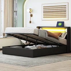 Lit Coffre 140x200 cm - Lit Double capitonné avec LED, Bluetooth et USB, Coffre en Simili Cuir Noir