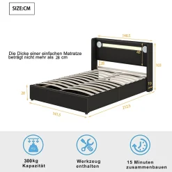 Lit Coffre 140x200 cm - Lit Double capitonné avec LED, Bluetooth et USB, Coffre en Simili Cuir Noir