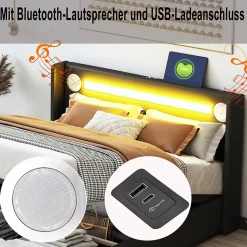 Lit Coffre 140x200 cm - Lit Double capitonné avec LED, Bluetooth et USB, Coffre en Simili Cuir Noir