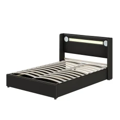 Lit Coffre 140x200 cm - Lit Double capitonné avec LED, Bluetooth et USB, Coffre en Simili Cuir Noir