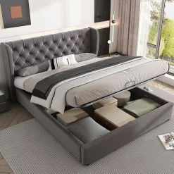 Lit coffre 140x200 cm - Lit double avec sommier à lattes et Coffre hydraulique - Capitonné Velours - Sans Matelas - Gris