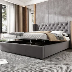 Lit coffre 140x200 cm - Lit double avec sommier à lattes et Coffre hydraulique - Capitonné Velours - Sans Matelas - Gris