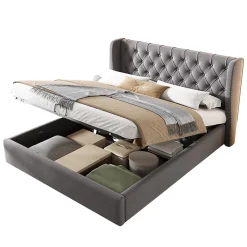 Lit coffre 140x200 cm - Lit double avec sommier à lattes et Coffre hydraulique - Capitonné Velours - Sans Matelas - Gris