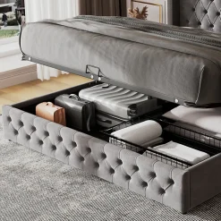 Lit Coffre 180x200 cm - Lit Double Capitonné avec Rangement Hydraulique, Velours, Sans Matelas, Gris