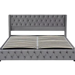 Lit Coffre 180x200 cm - Lit Double Capitonné avec Rangement Hydraulique, Velours, Sans Matelas, Gris