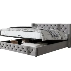 Lit Coffre 180x200 cm - Lit Double Capitonné avec Rangement Hydraulique, Velours, Sans Matelas, Gris