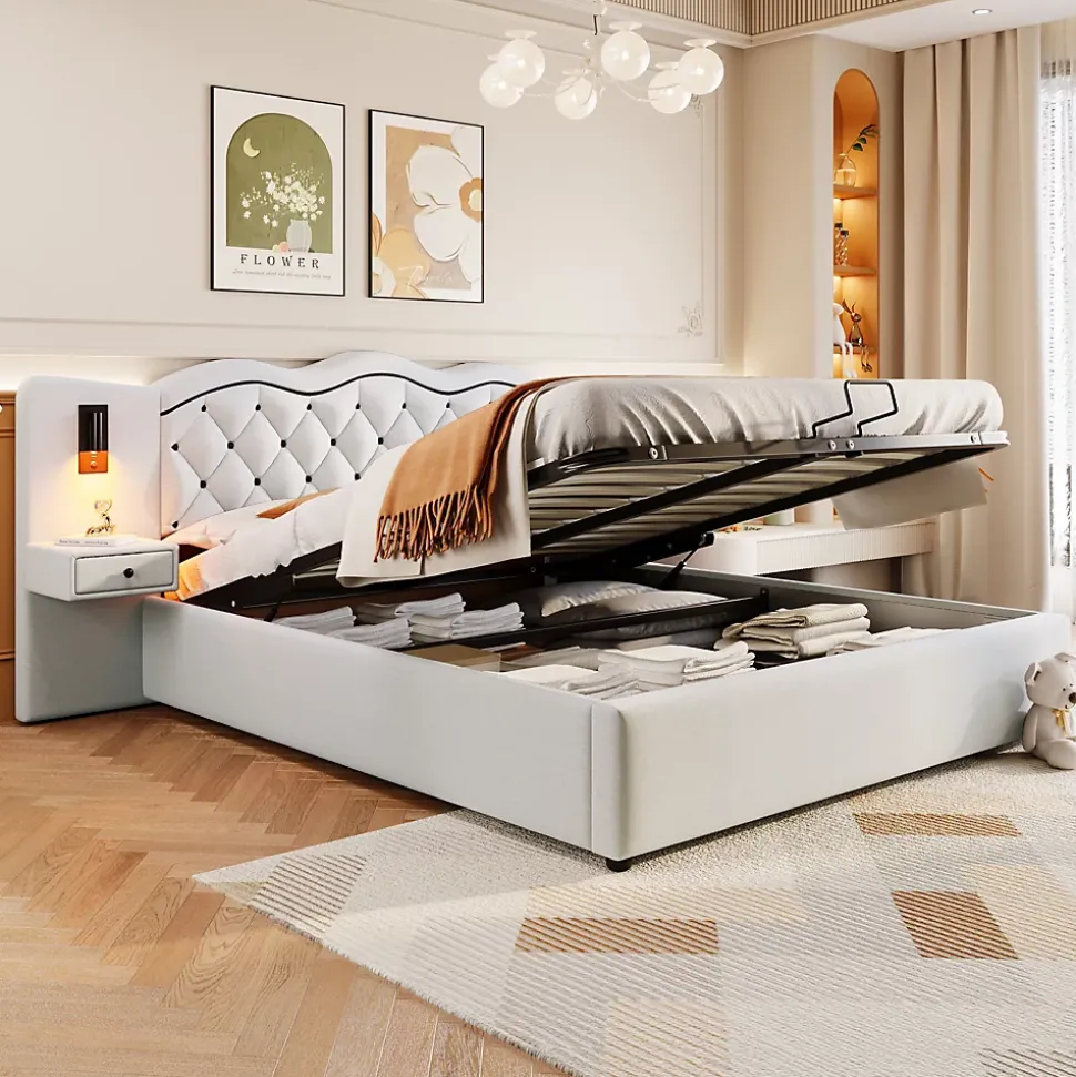 Lit Coffre 180x200 cm - Lit Double avec Tête de Lit Intégrée et 2 Lampes - Lin - Sans Matelas - Beige