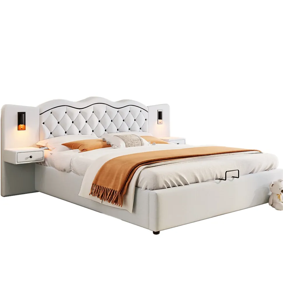 Lit Coffre 180x200 cm - Lit Double avec Tête de Lit Intégrée et 2 Lampes - Lin - Sans Matelas - Beige