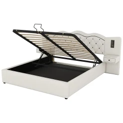Lit Coffre 180x200 cm - Lit Double avec Tête de Lit Intégrée et 2 Lampes - Lin - Sans Matelas - Beige