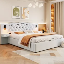 Lit Coffre 180x200 cm - Lit Double avec Tête de Lit Intégrée et 2 Lampes - Lin - Sans Matelas - Beige