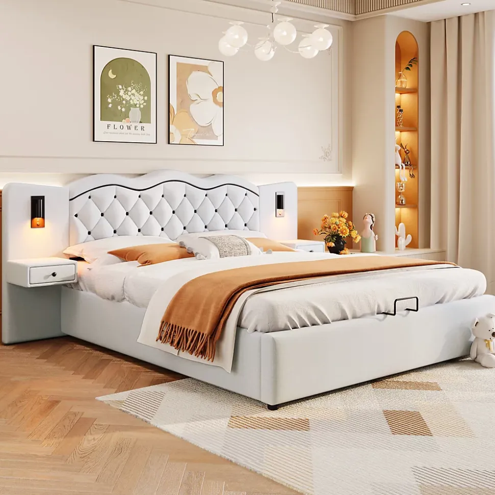 Lit Coffre 180x200 cm - Lit Double avec Tête de Lit Intégrée et 2 Lampes - Lin - Sans Matelas - Beige