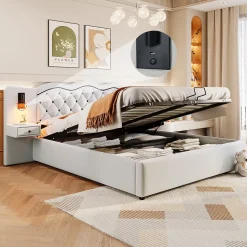 Lit Coffre 180x200 cm - Lit Double avec Tête de Lit Intégrée et 2 Lampes - Lin - Sans Matelas - Beige