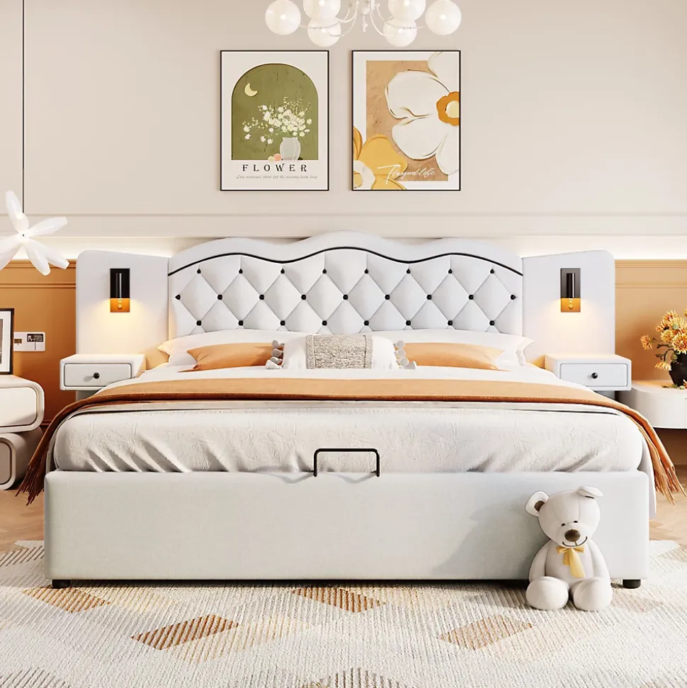 Lit Coffre 180x200 cm - Lit Double avec Tête de Lit Intégrée et 2 Lampes - Lin - Sans Matelas - Beige