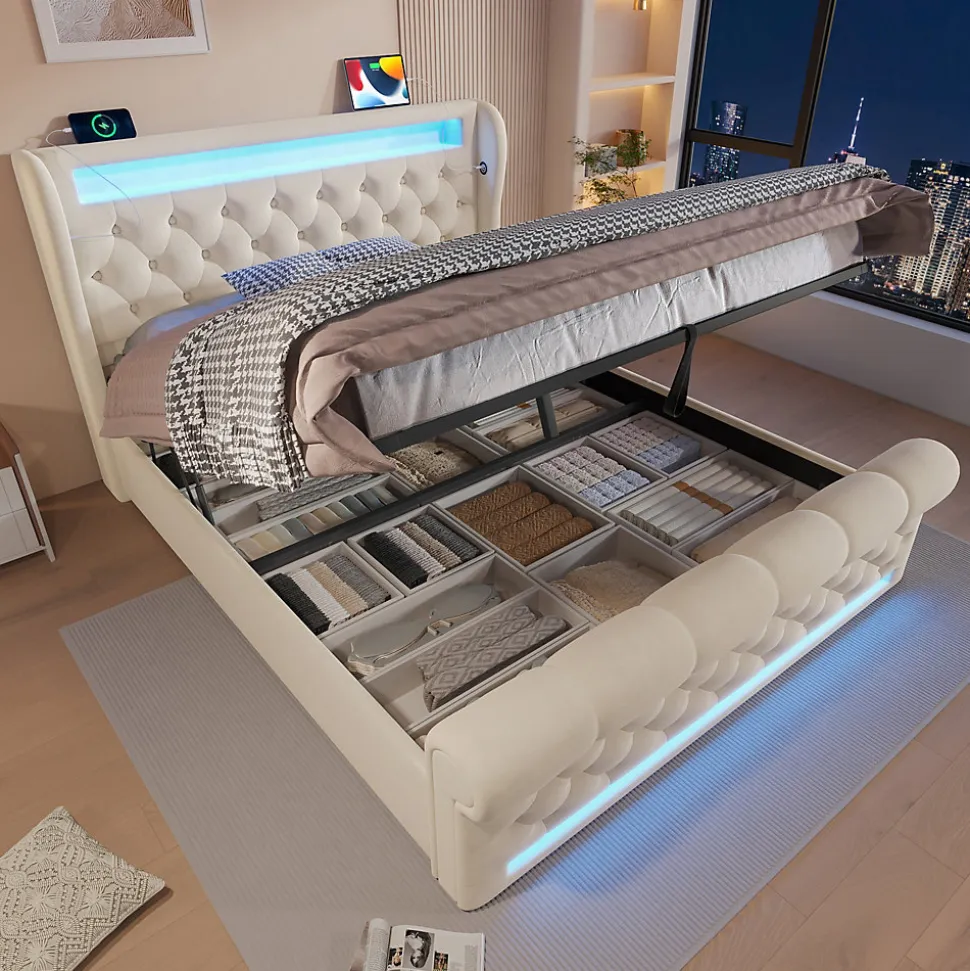 Lit Coffre 140x200 cm - Lit Double avec Éclairage LED et Prises USB/Type-C, en Velours Beige - Sans Matelas