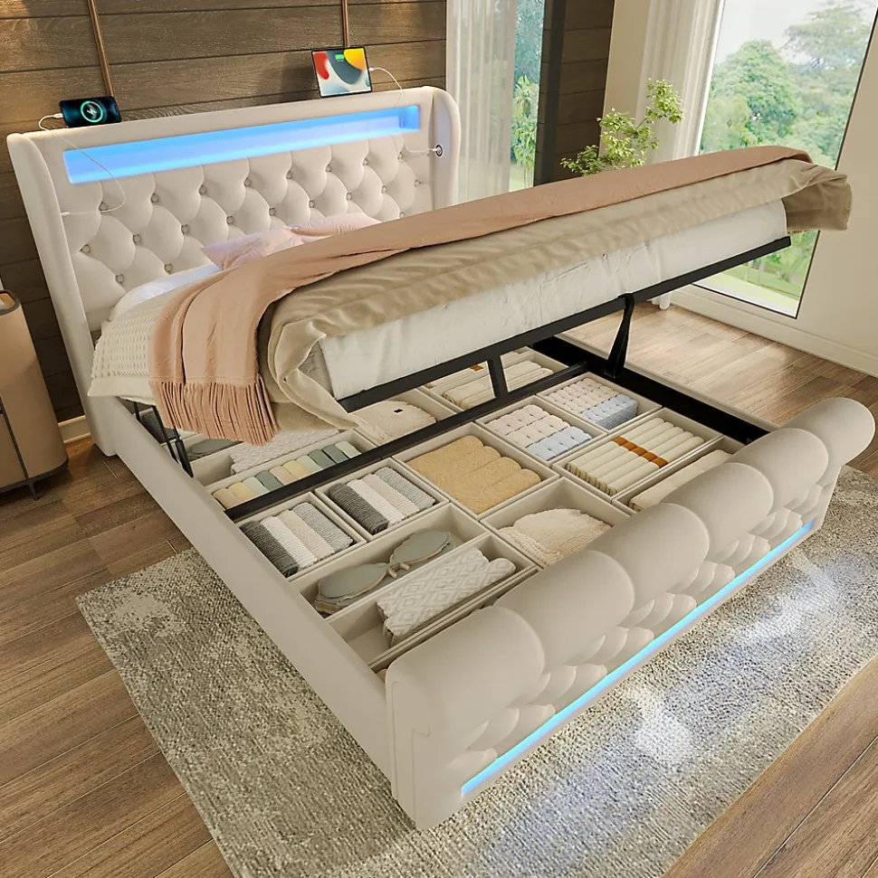 Lit Coffre 140x200 cm - Lit Double avec Éclairage LED et Prises USB/Type-C, en Velours Beige - Sans Matelas