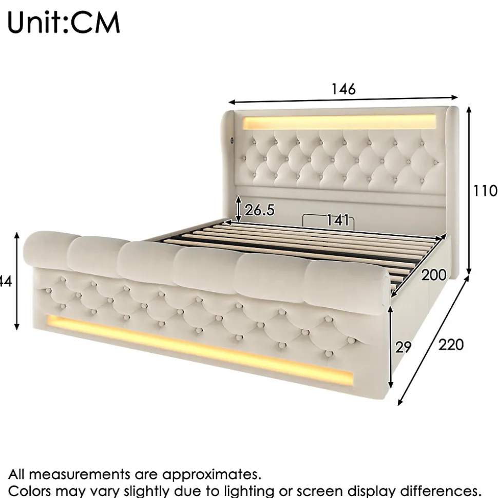 Lit Coffre 140x200 cm - Lit Double avec Éclairage LED et Prises USB/Type-C, en Velours Beige - Sans Matelas
