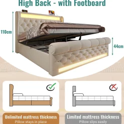 Lit Coffre 140x200 cm - Lit Double avec Éclairage LED et Prises USB/Type-C, en Velours Beige - Sans Matelas