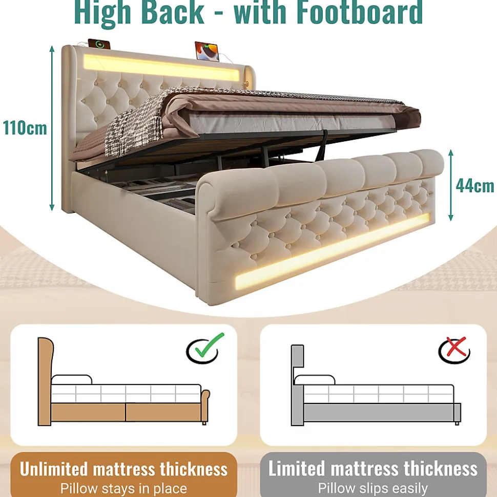 Lit Coffre 140x200 cm - Lit Double avec Éclairage LED et Prises USB/Type-C, en Velours Beige - Sans Matelas