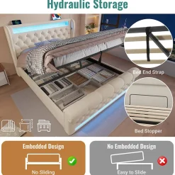 Lit Coffre 140x200 cm - Lit Double avec Éclairage LED et Prises USB/Type-C, en Velours Beige - Sans Matelas