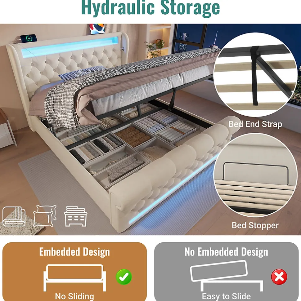 Lit Coffre 140x200 cm - Lit Double avec Éclairage LED et Prises USB/Type-C, en Velours Beige - Sans Matelas