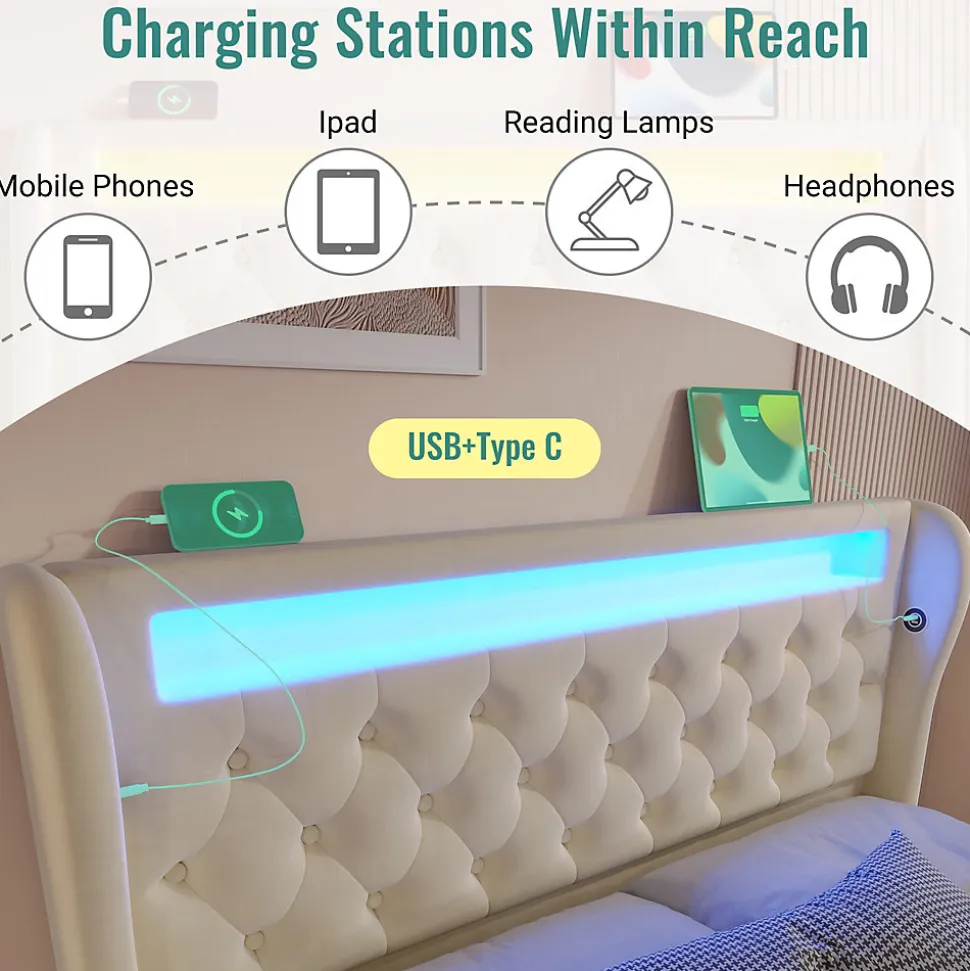 Lit Coffre 140x200 cm - Lit Double avec Éclairage LED et Prises USB/Type-C, en Velours Beige - Sans Matelas