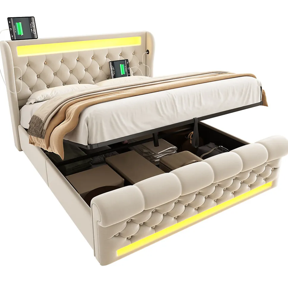 Lit Coffre 140x200 cm - Lit Double avec Éclairage LED et Prises USB/Type-C, en Velours Beige - Sans Matelas