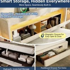 Lit Coffre 160x200 cm - Lit Double Rembourré avec LED et USB, Niche de Rangement, sans Matelas, en Lin Beige