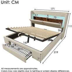 Lit Coffre 160x200 cm - Lit Double Rembourré avec LED et USB, Niche de Rangement, sans Matelas, en Lin Beige