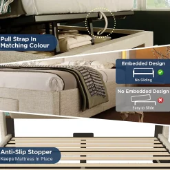 Lit Coffre 160x200 cm - Lit Double Rembourré avec LED et USB, Niche de Rangement, sans Matelas, en Lin Beige