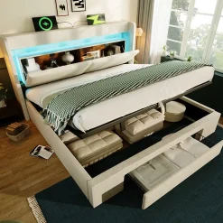 Lit Coffre 160x200 cm - Lit Double Rembourré avec LED et USB, Niche de Rangement, sans Matelas, en Lin Beige