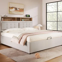 Lit coffre 160x200 cm - Lit double rembourré - Bois massif - Sans Matelas - Beige