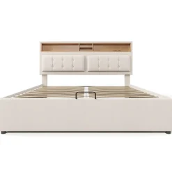 Lit coffre 160x200 cm - Lit double rembourré - Bois massif - Sans Matelas - Beige