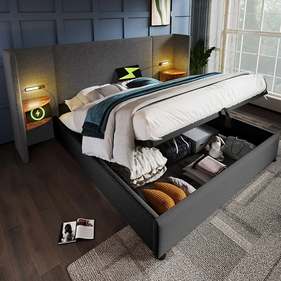 Lit coffre 180x200 cm - Lit double capitonné avec table de chevet et lampe de lecture - Lin - Sans Matelas - Gris