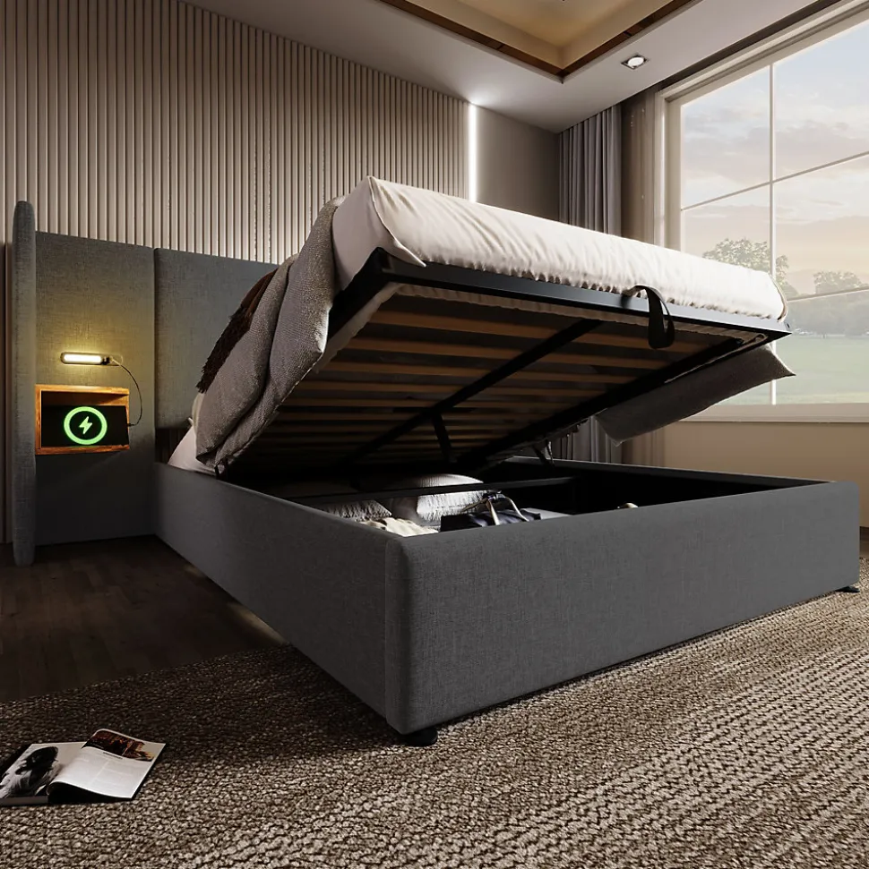 Lit coffre 180x200 cm - Lit double capitonné avec table de chevet et lampe de lecture - Lin - Sans Matelas - Gris
