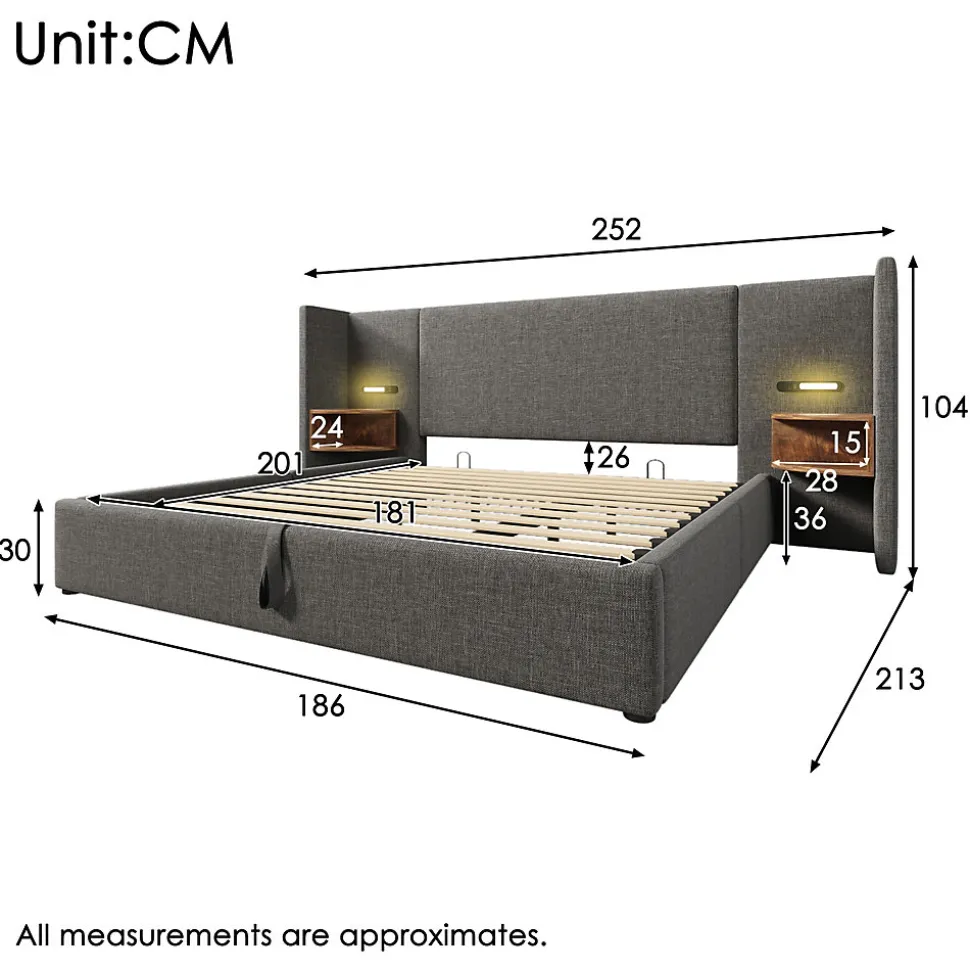 Lit coffre 180x200 cm - Lit double capitonné avec table de chevet et lampe de lecture - Lin - Sans Matelas - Gris