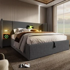 Lit coffre 180x200 cm - Lit double capitonné avec table de chevet et lampe de lecture - Lin - Sans Matelas - Gris