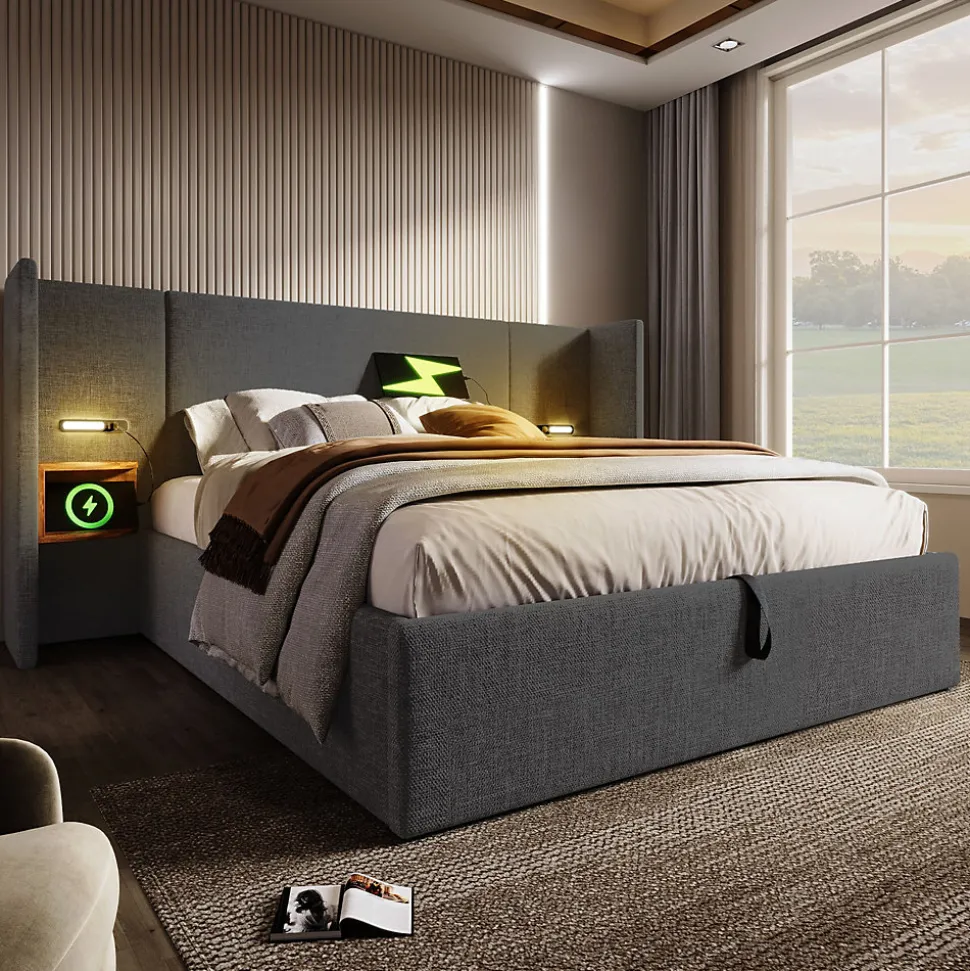 Lit coffre 180x200 cm - Lit double capitonné avec table de chevet et lampe de lecture - Lin - Sans Matelas - Gris