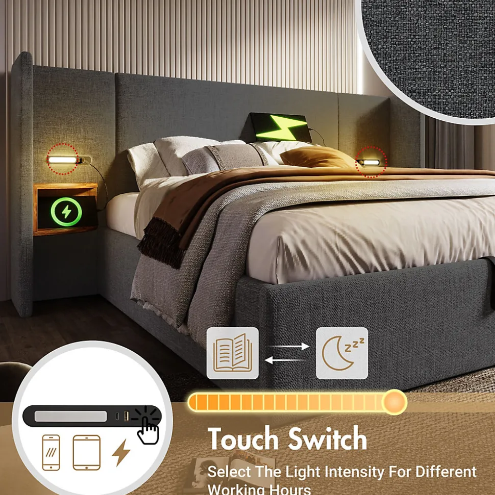 Lit coffre 180x200 cm - Lit double capitonné avec table de chevet et lampe de lecture - Lin - Sans Matelas - Gris